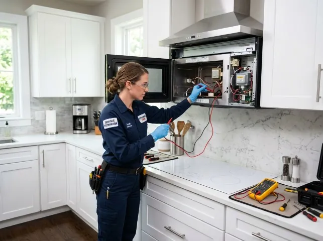 Appliance Repair Hero technician testing an over-the-range microwave in a Brant Rock, MA kitchen